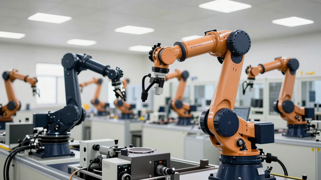 Endüstriyel üretim hattında çalışan otomasyon robot kolları, temi
