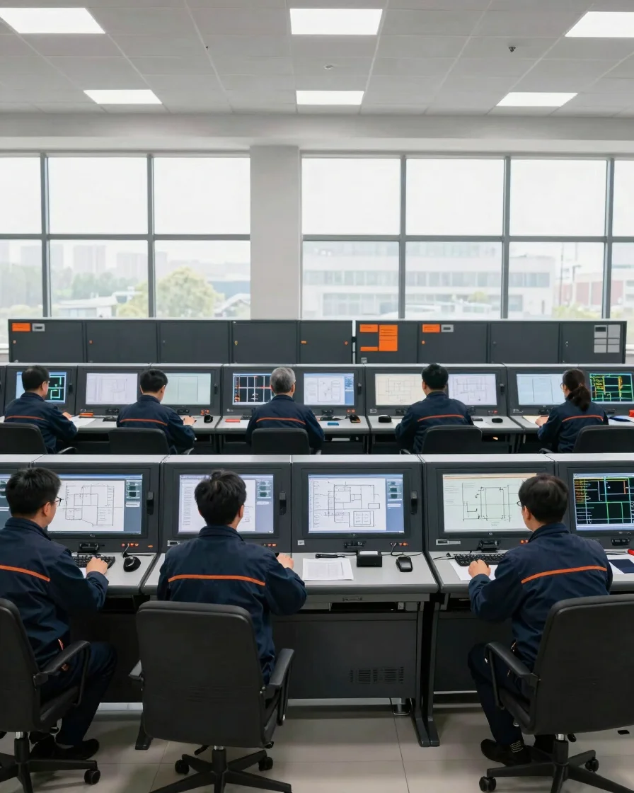Wide panoramic industrial control room with engineers reviewing schematics, bright natural daylight, dark navy tone, sub