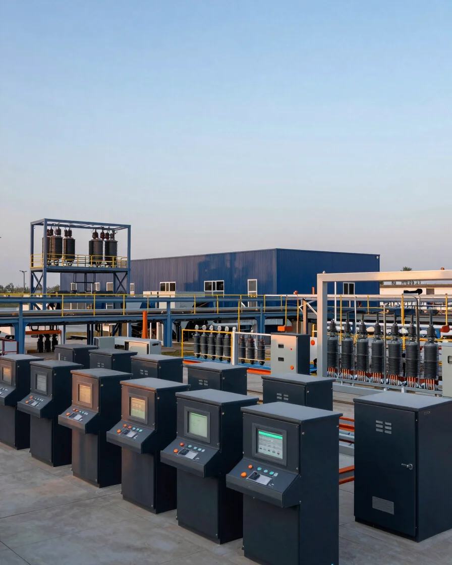 Wide panoramic industrial facility at dusk, modern control panels