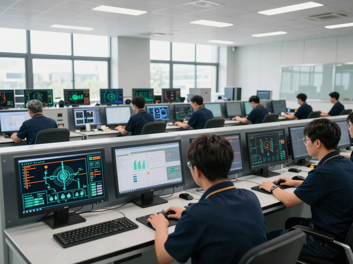 Clean industrial control room, multiple screens displaying technical diagrams, engineers working in a modern facility, b