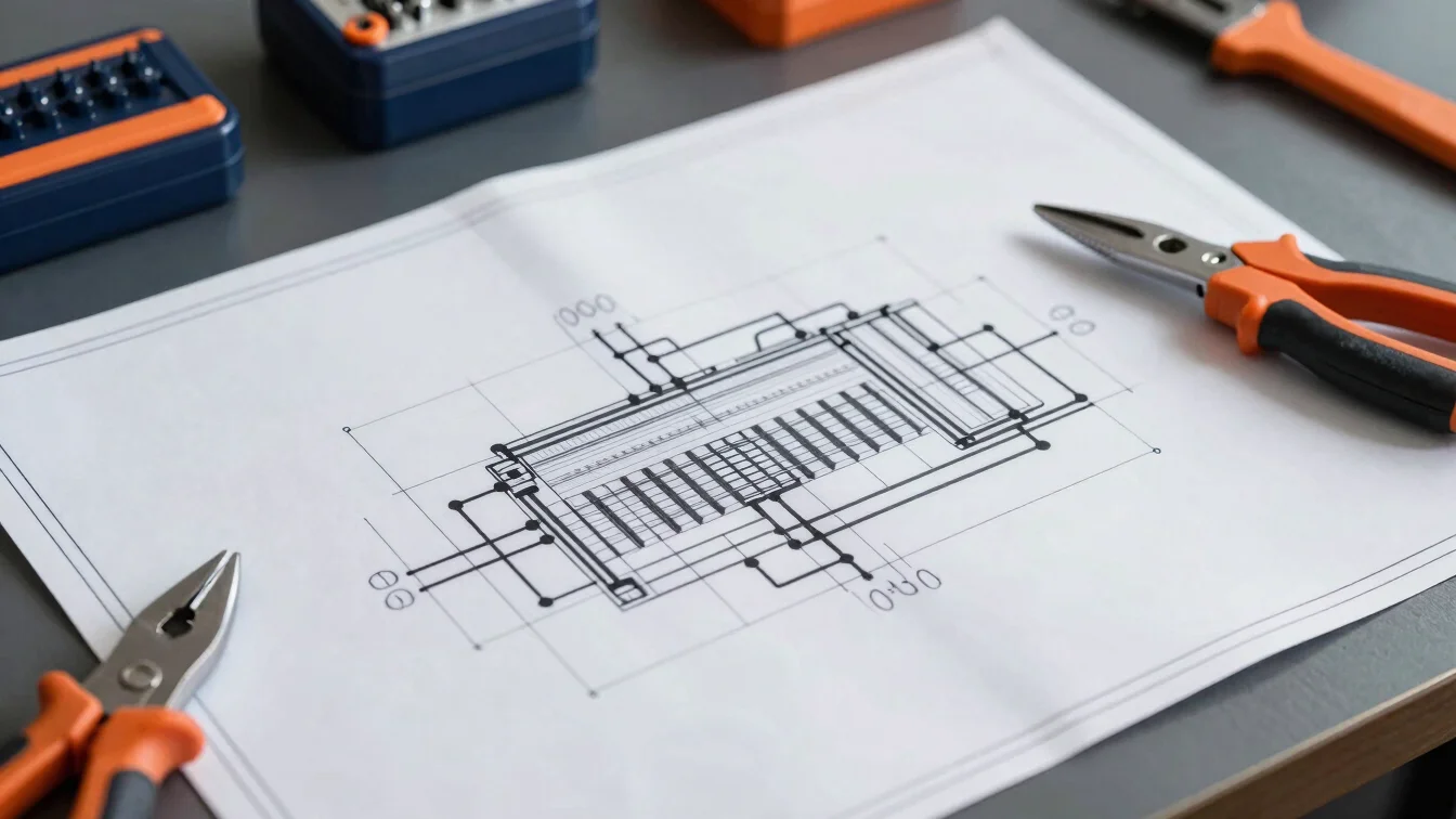 Technical drawing of an electrical circuit on a blueprint, tools