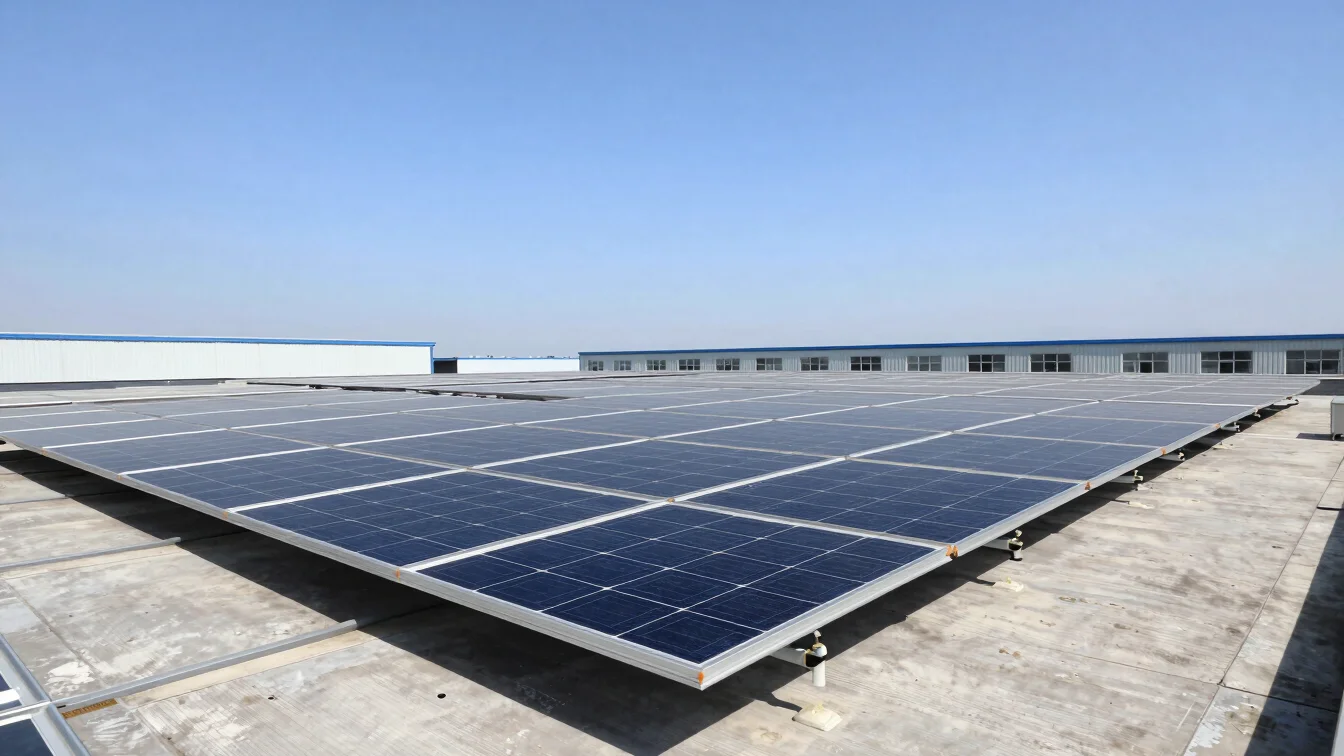 Solar panels on a rooftop with clear blue sky, industrial setting