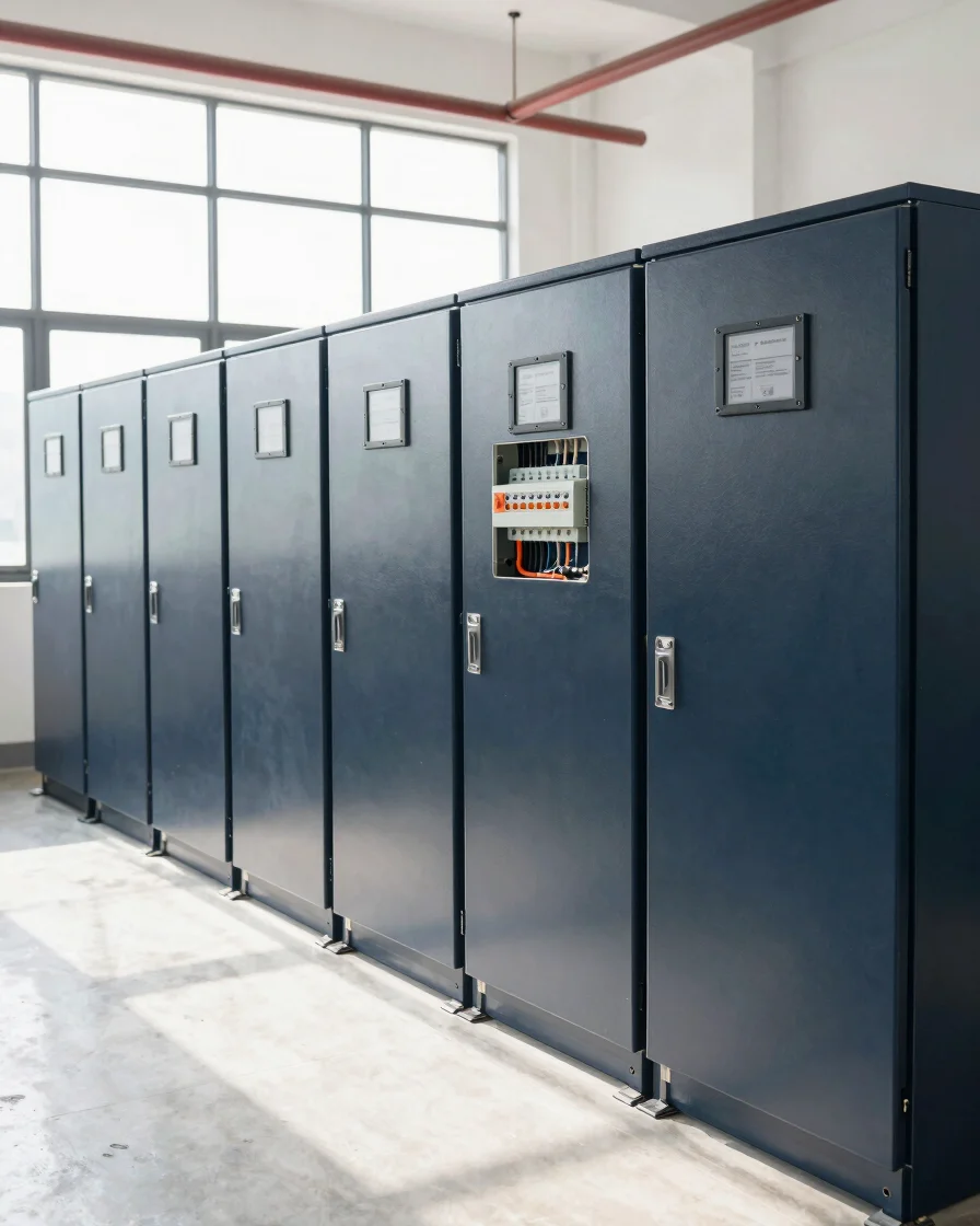 Clean modern industrial electrical panel setup with precision wiring, technical engineering inspection in bright natural