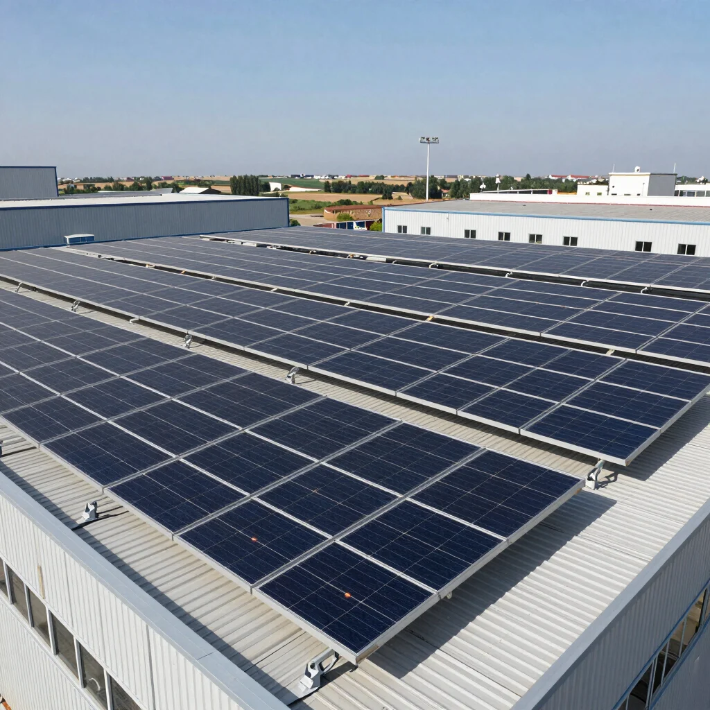 Wide panoramic view of a solar panel installation on a factory roof under bright daylight, dark navy tone, subtle orange