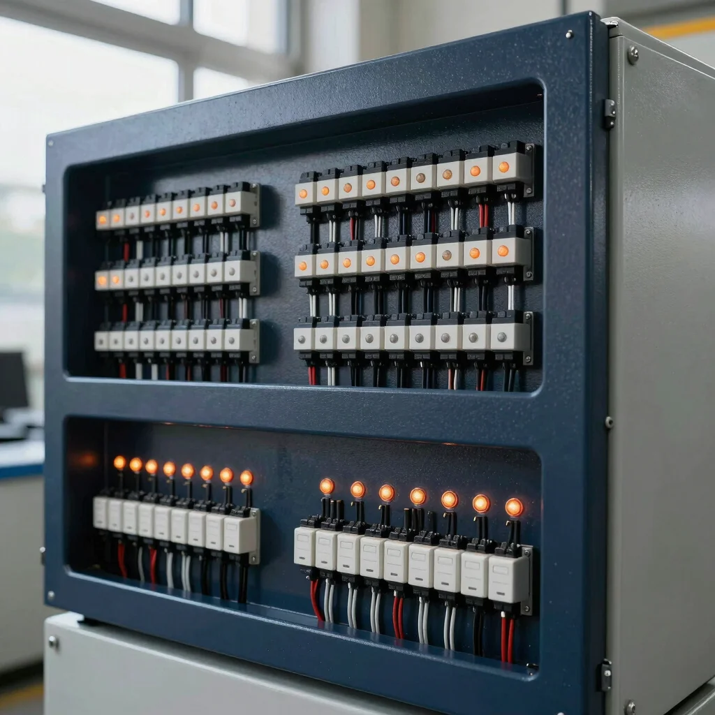 Close-up of an industrial automation control panel with neatly arranged wiring and subtle orange indicator lights, clean