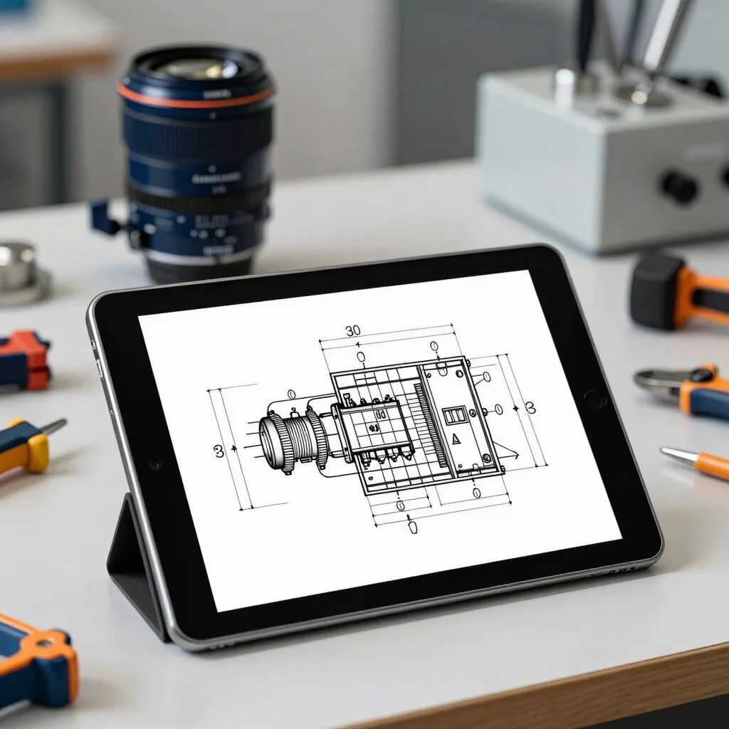 Technical drawing of an electrical engineering project on a digital tablet, surrounded by industrial tools, clean indust