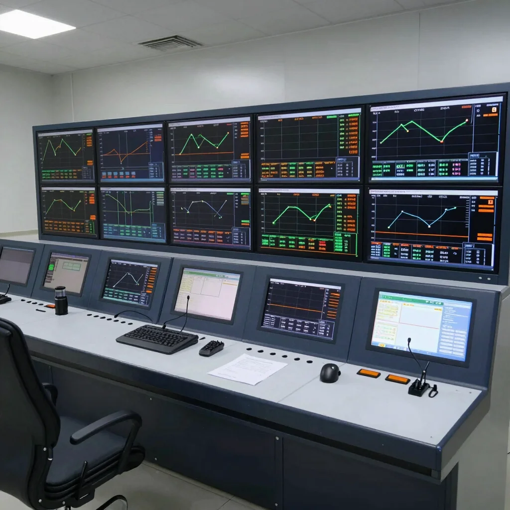 Clean control room with multiple screens displaying energy management data, subtle orange accents on equipment, bright n