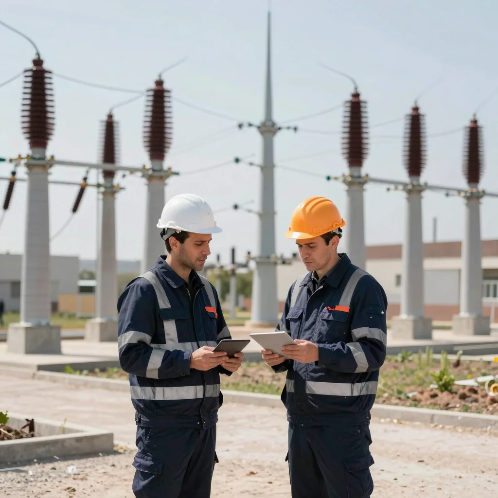 Engineer conducting a site inspection of an electrical infrastructure, wearing safety gear, modern industrial setting, b