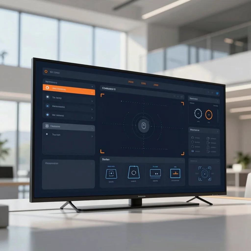 Wide shot of a modern building automation system interface on a wall-mounted screen, with a clean architectural backgrou